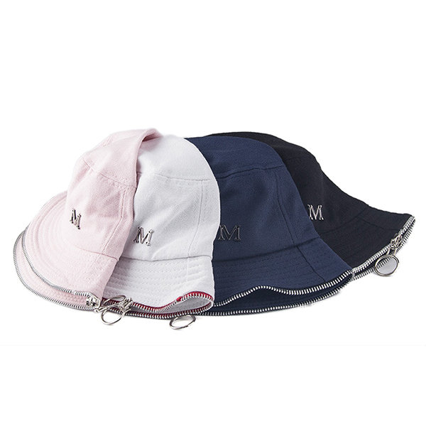 Women Foldable Wide Brim Cotton Bucket Cap Sunscreen Metal zipper Embroidery Bucket Hat