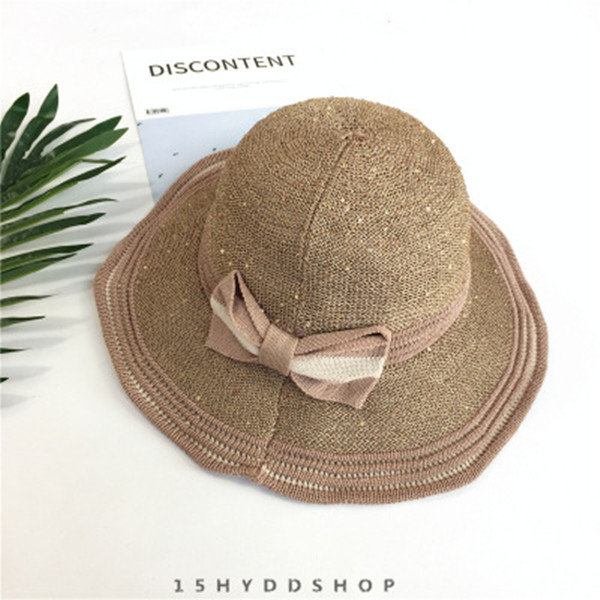 Women Foldable Sunshade Straw Beach Hat Outdoor Leisure Breathable Bowknot Bucket Cap