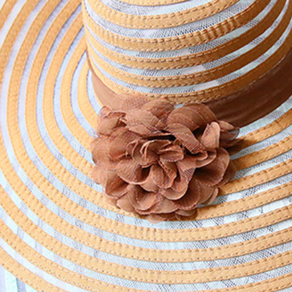 Women Summer Foldable Yarn Stripe Wide Brim Beach Straw Hat Anti-UV Sunscreen Flowers Sun Cap