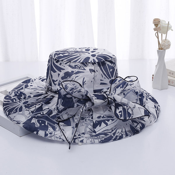 Women's Yarn Flower Priting Foldable Bow Bucket Cap Vogue Sunshade Vacation Seaside Fisherman Hats