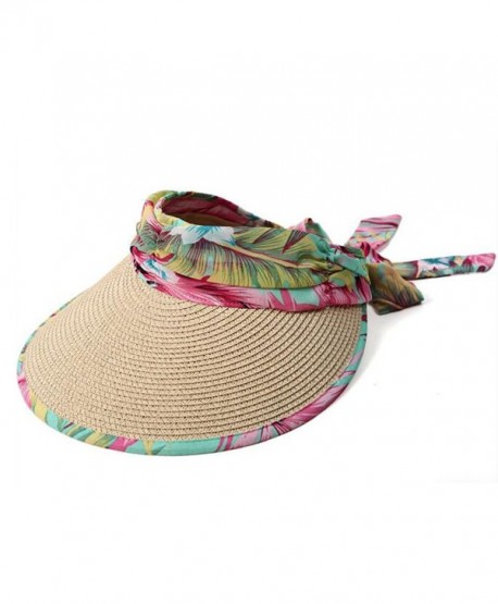 Women's Summer Visor Cap UPF 50+ Foldable Wide Brim Beach Straw Sun Hat - Khaki