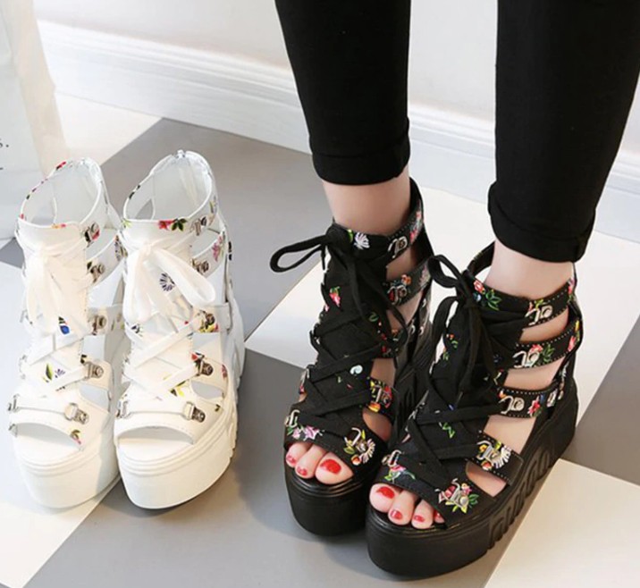 Women's Spring/Summer Platform Open Toe Pumps With Flower Pattern