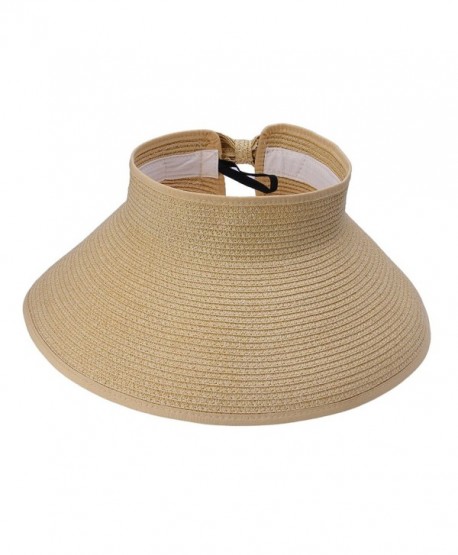 Women Straw Sun Hat Adjustable Beach Cap Roll up Open Top Visor - Beige